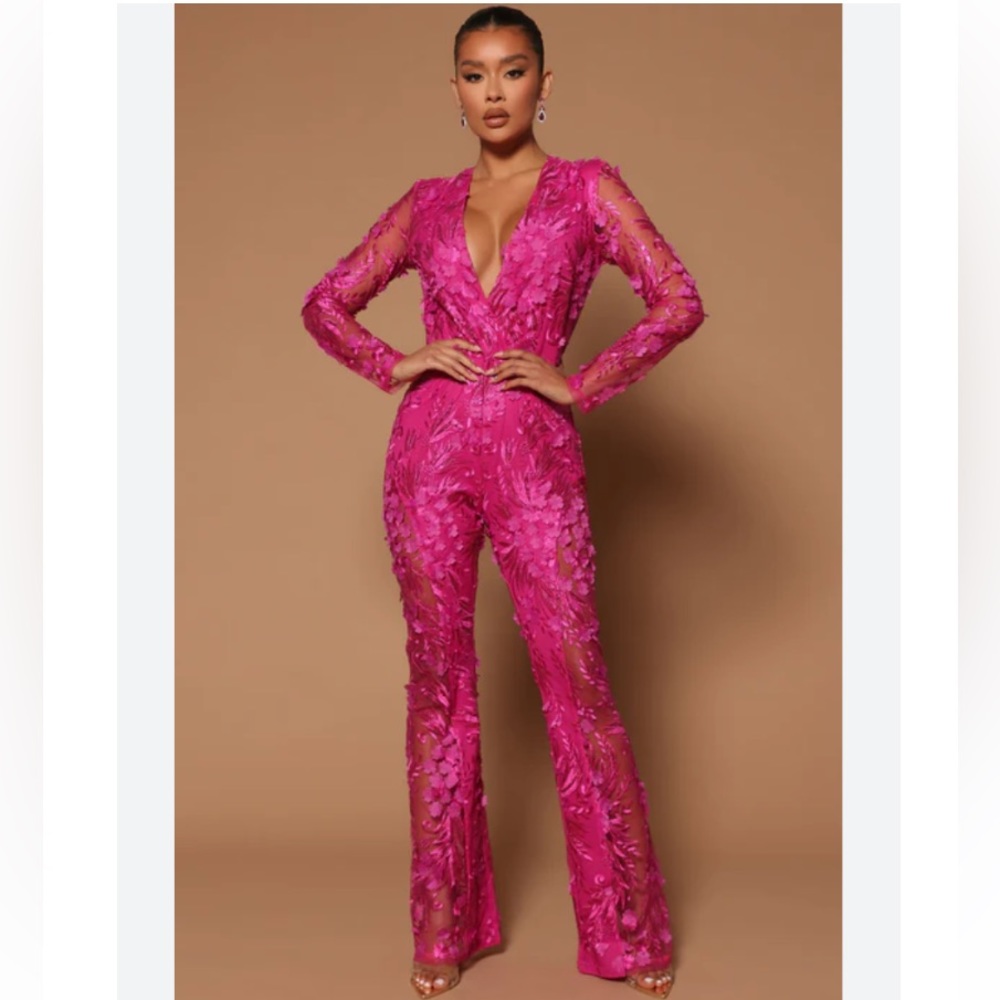 FASHION NOVA Chantal Ling Sleeve Fuchsia Lace Jumpsuit